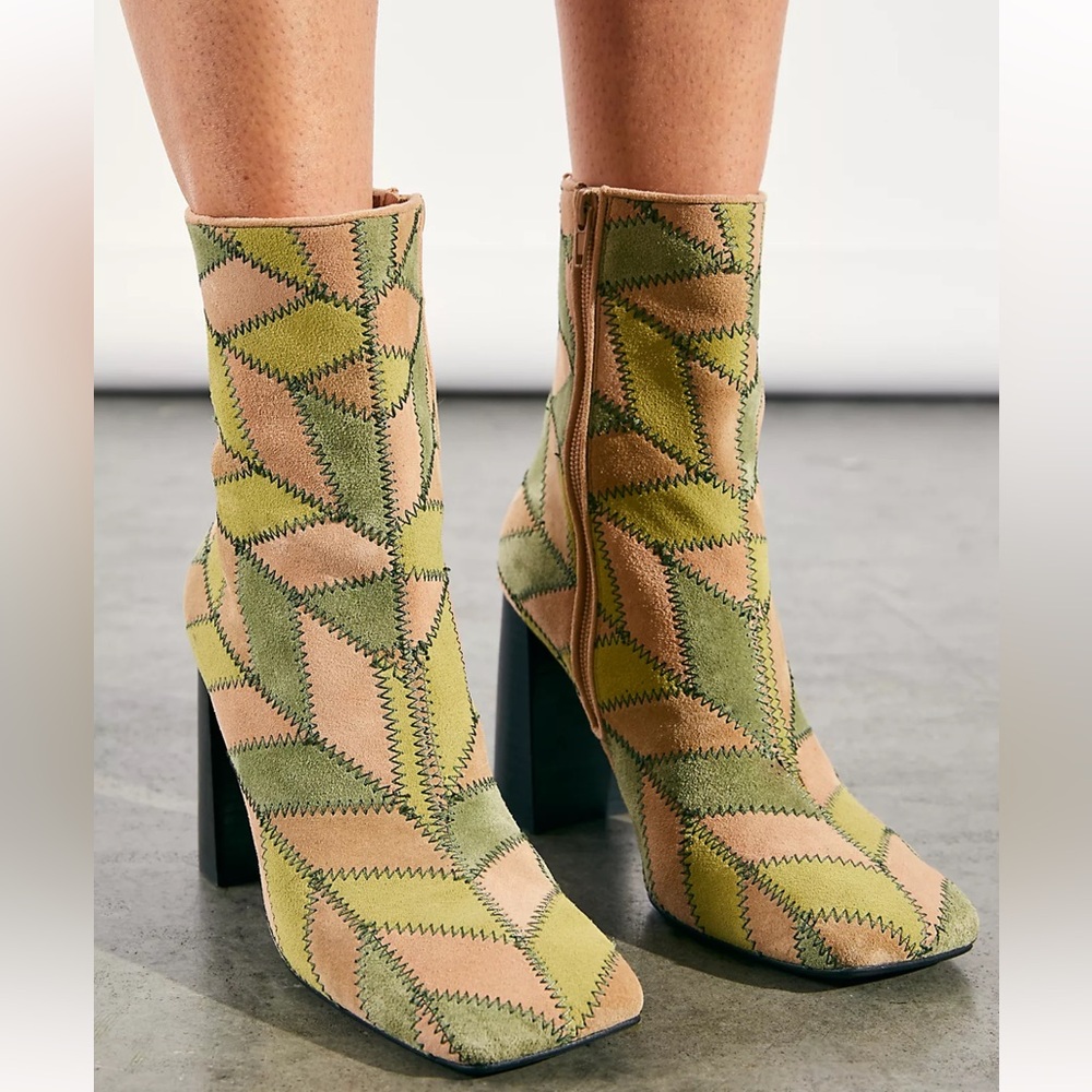 Jeffrey Campbell Verus Patchwork Suede Heeled Boots Green Brown Pastel Size 9M